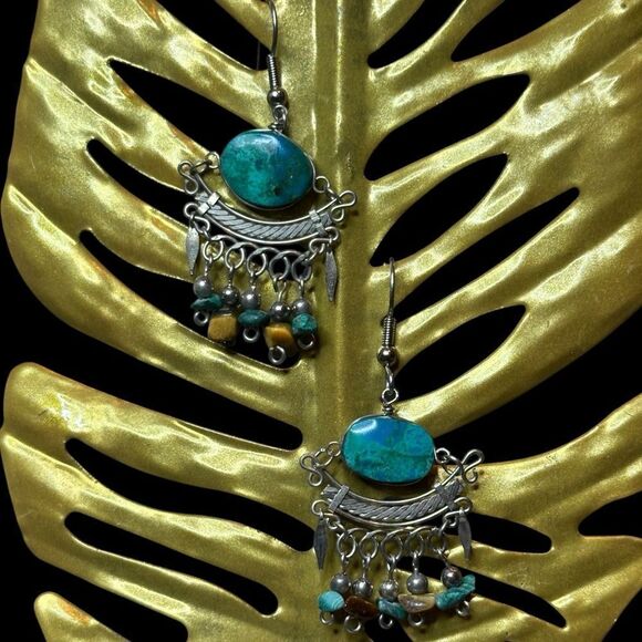 Handmade Vintage Chrysocolla Sterling Silver Dangle Earrings - Picture 1 of 4